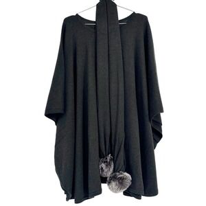 Cabi Olive‎ Green Knit Poncho Scarf Set One Size Womens Pom Pom Fall